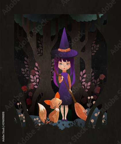 Fairy tale illustration little witch with broom and sitting fox in front of night forest