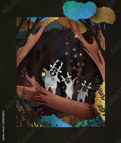 Three horned little cute forest spirits forest spirits dancing on the fallen log. Fairy tale vector illustration.