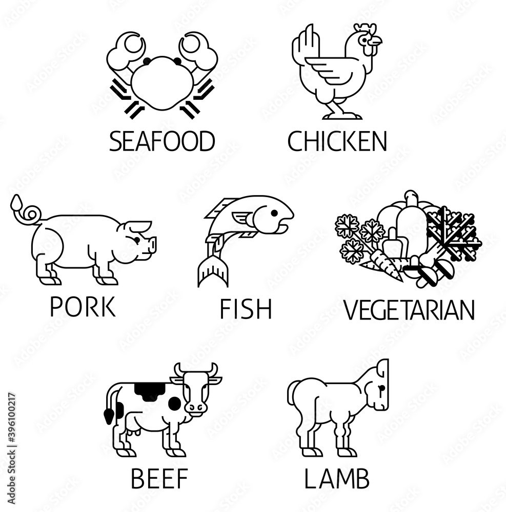 An icon set of food label signs for menu or meal options or similar