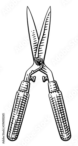 Garden tool gardening hedge trimmers or pruning shears woodcut engraved vintage style illustration