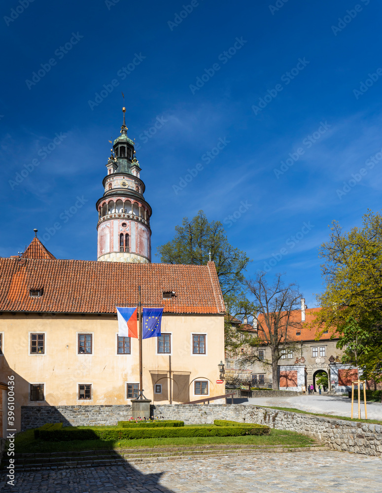 View of the castle from the first courtyard in Czech Krumlov, Southern Bohemia, Czech Republic