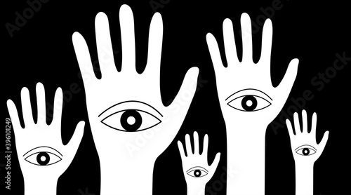 Forest of hands with eyes. Concept of schizophrenia