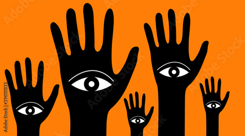 Forest of hands with eyes. Concept of schizophrenia