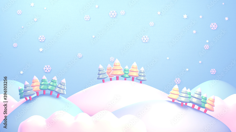 Christmas mountain landscape and snowflakes. 3d rendering picture.	