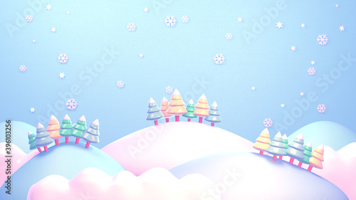Christmas mountain landscape and snowflakes. 3d rendering picture.  © tykcartoon