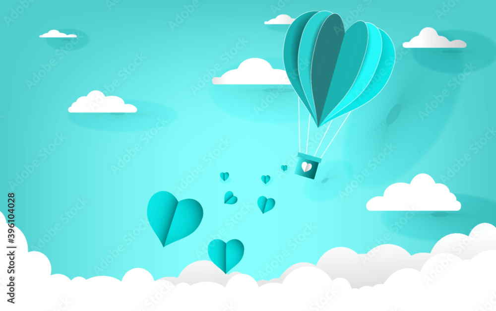 Love on valentines day and blue background with clouds and small hearts Paper cut style illustration Love on valentines day and blue background with clouds and small hearts Paper cut style illustration