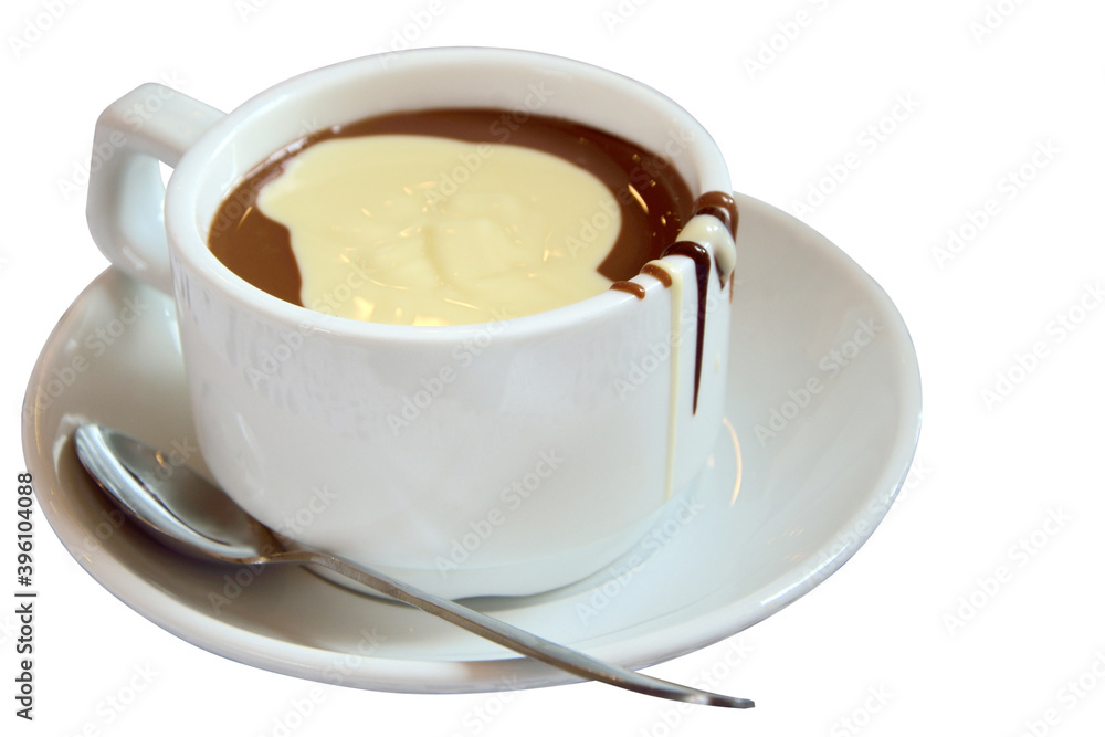 Hot chocolate in a white porcelain cup. Isolate on a white background. Hot chocolate in a white porcelain cup. Isolate on a white background.