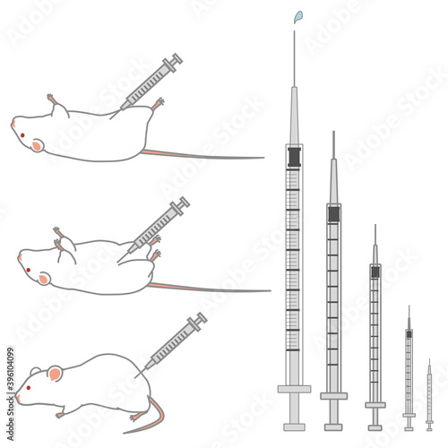 様々な大きさの注射器＆注射されているマウスのベクターイラストセット