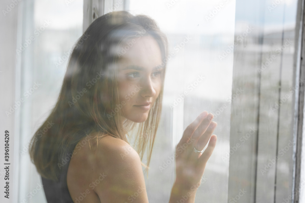 Portrait Of Babe Pensive Caucasian Brunette Woman Posing In Black Underwear And Blue Jeans