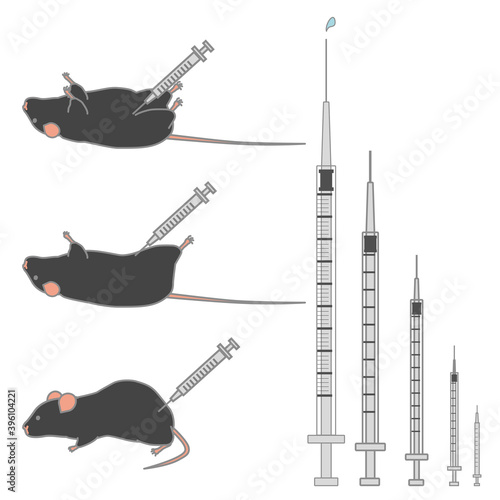 様々な大きさの注射器＆注射されている黒いマウスのベクターイラストセット