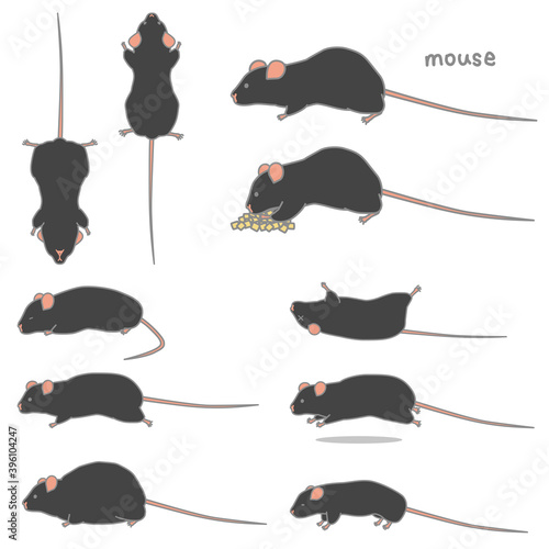 黒いマウスのベクターイラストセット（食事、あおり、ふかん、うつぶせ、走る、太る、やせる） photo