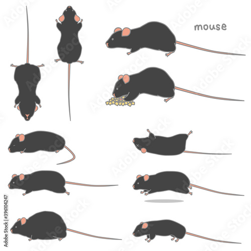 黒いマウスのベクターイラストセット（食事、あおり、ふかん、うつぶせ、走る、太る、やせる）