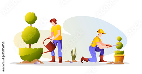 Gardeners with scissors and can trimming and watering plants. Tree, bush and grass. Garden service, Landscape design, gardening concept. Vector illustration for banner, advertising, poster.