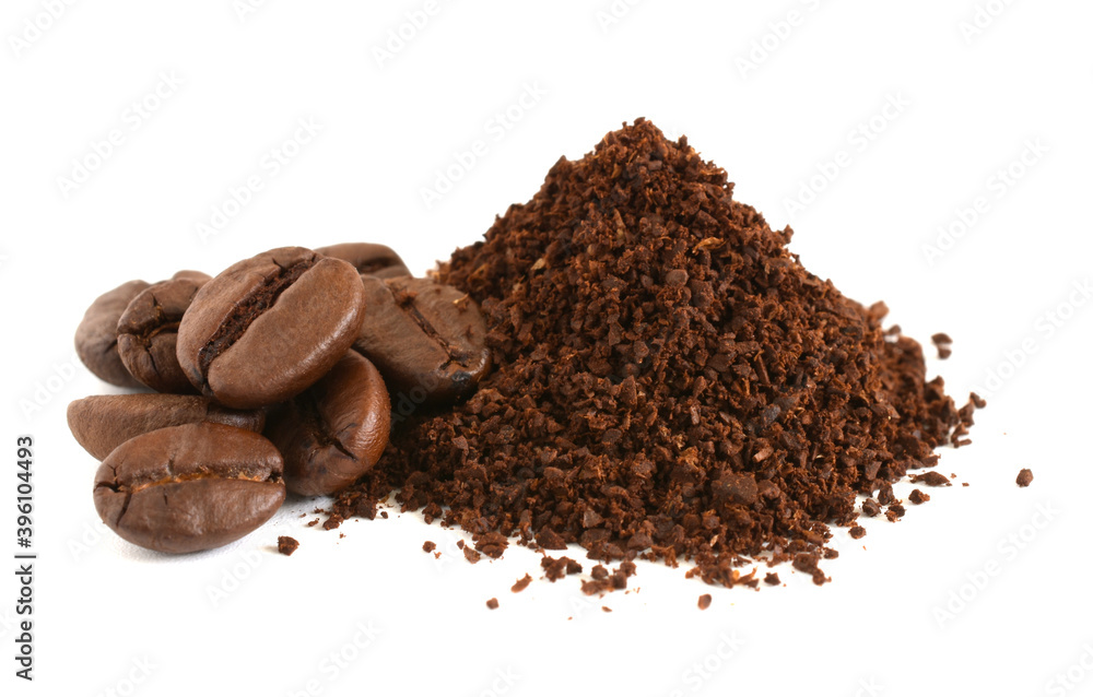 Coffee powder,ground coffee beans and coffee beans isolated on the white background. Coffee powder,ground coffee beans and coffee beans isolated on the white background.