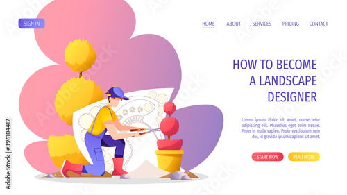 Gardener in overalls trimming or pruning plant with scissors. Plan or design project of garden. Landscape designer, garden service concept. Vector illustration for banner, advertising, website.