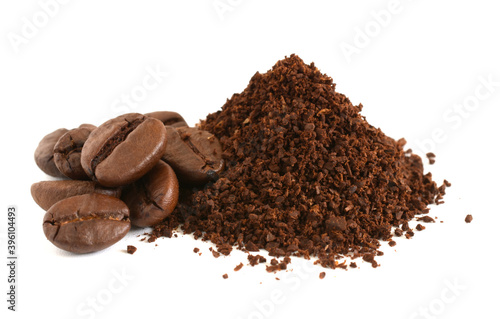 Coffee powder,ground coffee beans and coffee beans isolated on the white background.