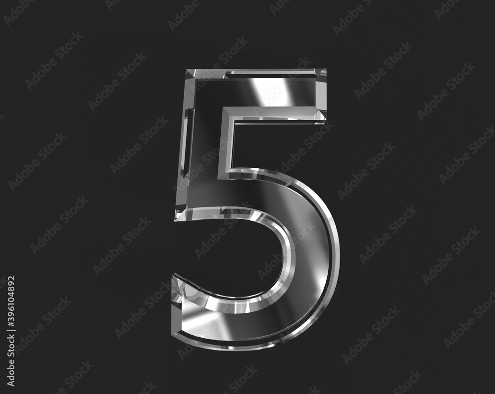 White shine reflective clear font - number 5 isolated on dark background, 3D illustration of symbols White shine reflective clear font - number 5 isolated on dark background, 3D illustration of symbols