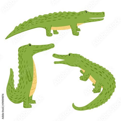 Set crocodiles on white background. Funny cartoon character wildlife in doodle.