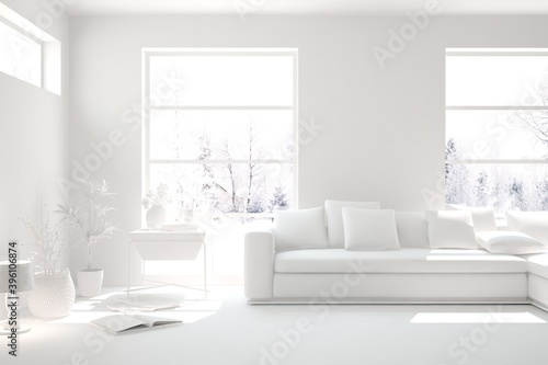 White minimalist living room with sofa. Scandinavian interior design. 3D illustration