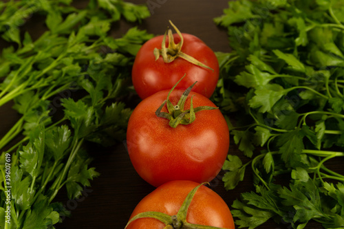 Red tomatoes with green tails lie in the middle of a dark textured wood background with green parsley on the sides. Eco-friendly tomatoes. Fresh tomatoes. Parsley. Tomatoes with water drops. Fresh veg