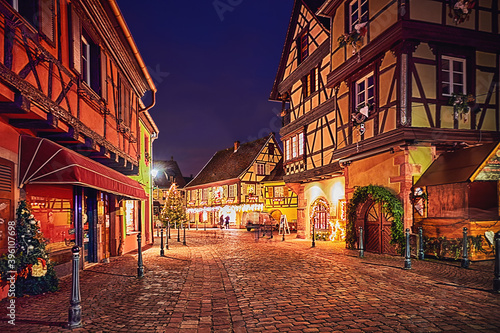 cozy street of Kaysersberg old village on Christmas holidas. Alsace, France