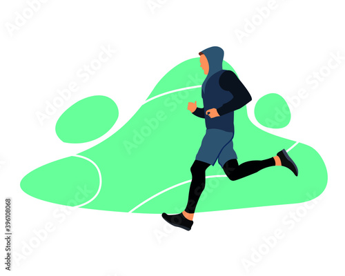 Man running on a cold winter morning wearing hooded jacket. Morning jogging. Minimalist vector flat illustration. Stay fit stay healthy.