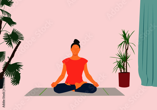 Woman meditating in cross legged lotus posture indoor in her house or apartment with plants and trees in her room. Concept flat vector cartoon illustration for yoga, meditation, healthy lifestyle