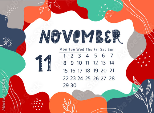 creative page of calendar for November 2021 decorated with floral ele,emts and memphis frame for prints, posters, cards, agenda, planners and organizers, etc. EPS 10