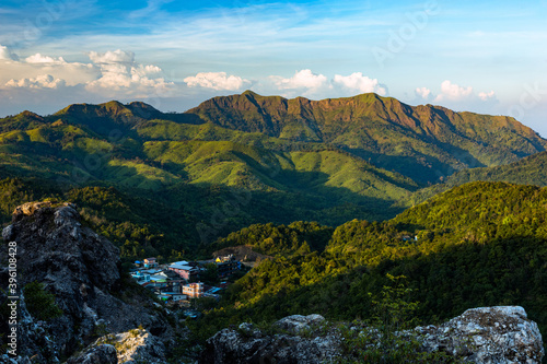 Beautiful landscape of E-Thong village and Chang Phuak Hill in the background in Thong Pha Phum National Park  Kanchanaburi  Thailand.