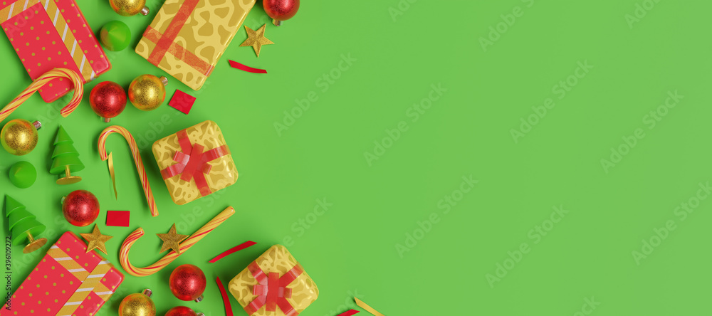 Christmas background with with gifts and ornaments 