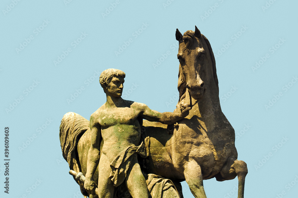 Equestrian statue of a Roman warrior on Pont d`Iena in Paris, France. Roman Warrior statue by Louis Daumas