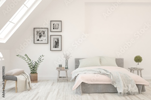 White bedroom interior. Scandinavian design. 3D illustration