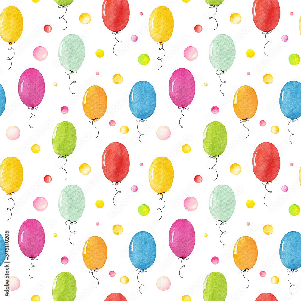 Seamless pattern with watercolor balloons isolated on white background.