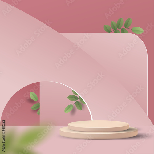Abstract minimal scene on pastel background with cylinder podium and leaves. Stage mockup showcase for product, banner, sale, presentation, cosmetic and discount. 3d vector illustration.