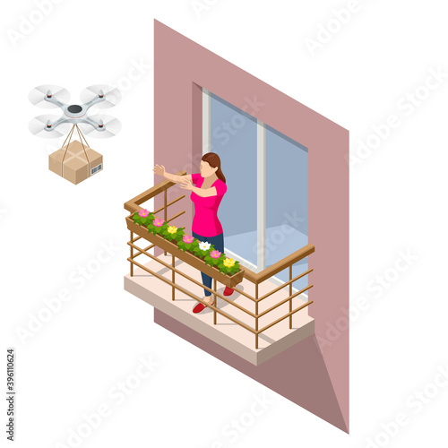 Isometric drone delivery delivering big brown post package into urban city. Technological shipment innovation.