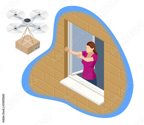 Isometric drone delivery delivering big brown post package into urban city. Technological shipment innovation.