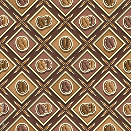 Vector Coffee Seamless Pattern, square repeating coffee background, isolated illustrations of roasted and unroasted coffee beans on brown background, diamond seamless pattern with coffe seeds in cells