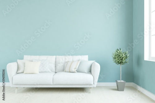 Bluw living room with sofa. Scandinavian interior design. 3D illustration