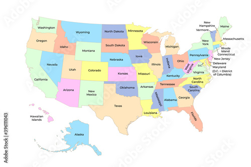 Detailed colore Map of United States of America with states.