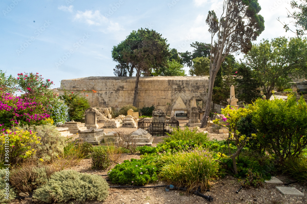 Graves at the Msida Bastion Historic Garden, Formerly known as the Msida Bastion Cemetery, Floriana, Malta.