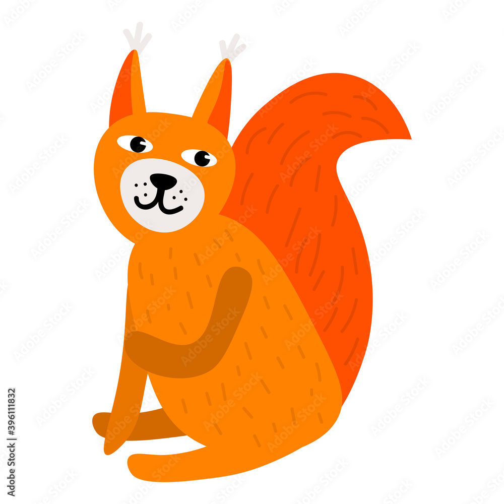 Cute cartoon squirrel in flat style isolated on white background. Woodland animal. Vector illustration. Cute cartoon squirrel in flat style isolated on white background. Woodland animal. Vector illustration.