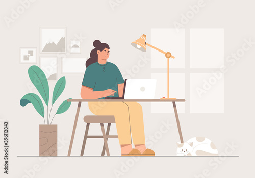Home office concept, young freelancer woman working with laptop in cozy room - lamp, green flower in pot, cat. Female character work at home. Flat style cartoon vector illustration.