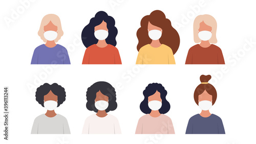 Set of girls in masks. Protection against viruses, bacteria, smog, gas emissions and urban air pollution. Vector.