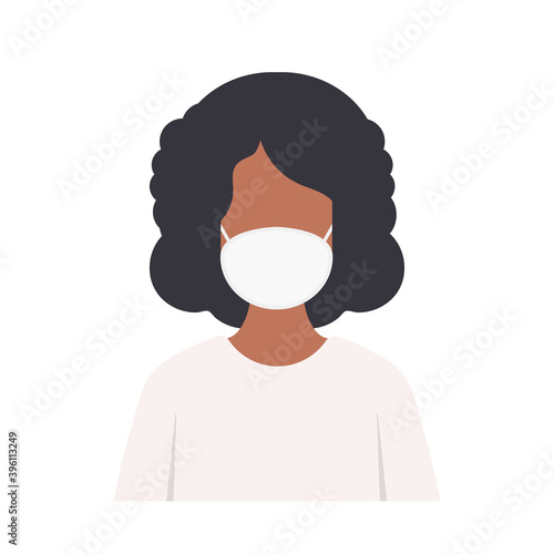 African American woman wearing protective medical masks. Wearing a face mask. Protection against viruses, bacteria, smog, urban air pollution, emissions of polluting gases. Vector.