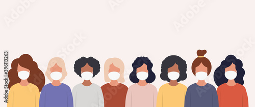 Women in protective medical masks. Wearing facial mask. Protection against viruses, bacteria, smog, gas emissions and urban air pollution. Vector.