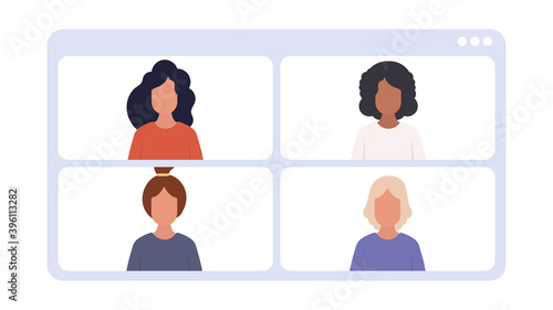 Girls at an online conference. Application window with conference. Isolated. Vector illustration.