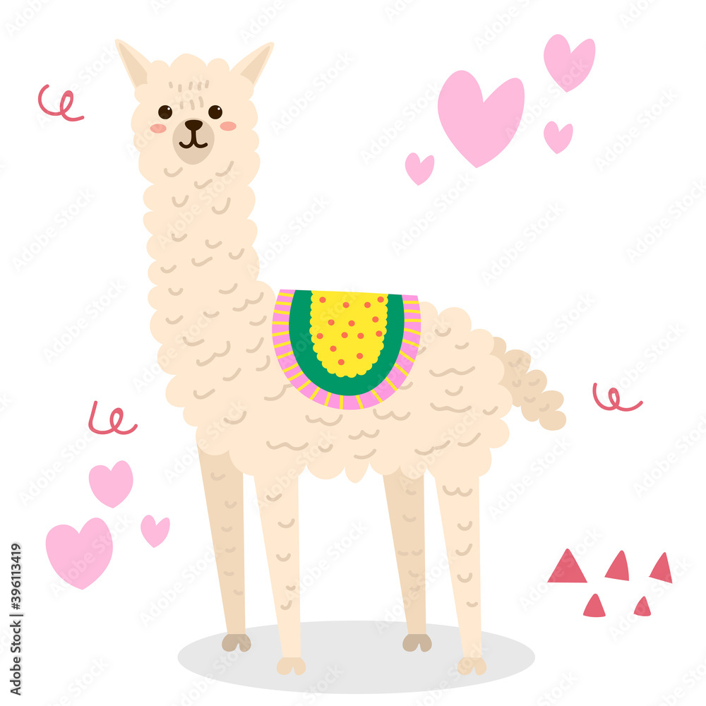 Fototapeta premium Cute cartoon Llama in flat style isolated on white background. Animal card. Vector illustration.