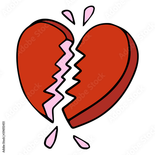 Cartoon doodle linear broken heart isolated on white background. Vector illustration. 