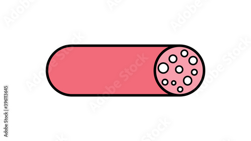salami semicircular on a white background, vector illustration. meat sausage with lard, volumetric drawing. salami for a snack for beer, meat plate. quick snack