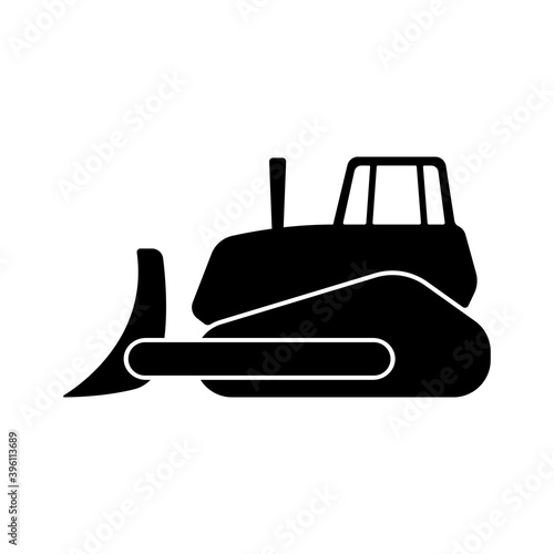 Bulldozer icon. Black silhouette. Side view. Vector flat graphic illustration. The isolated object on a white background. Isolate.